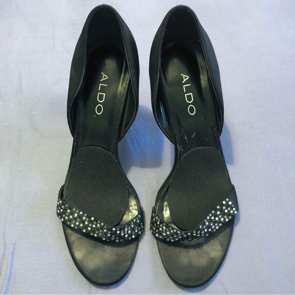 Aldo Black Satin Stilettos High Heels Diamanté Strap